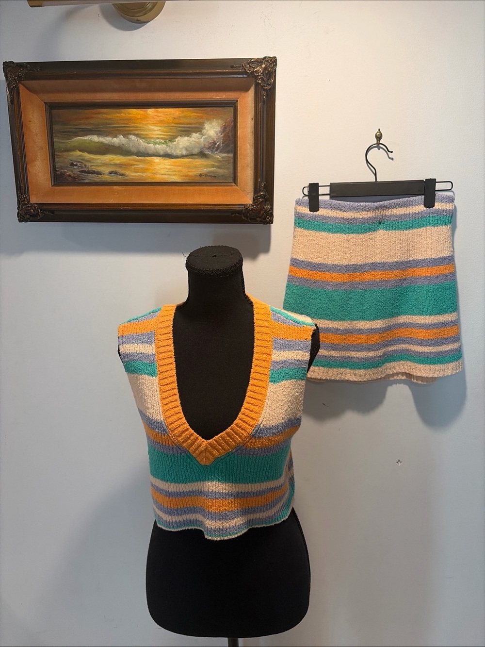 Matching Set Free people Beach Striped Skirt Vest Preppy Beachy colorful